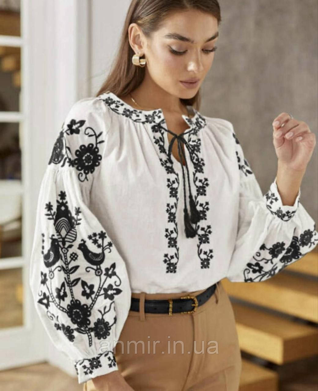 Блузка-вишиванка жіноча ПТАХИ рукав на манжеті льон норма 42-46, білого кольору
