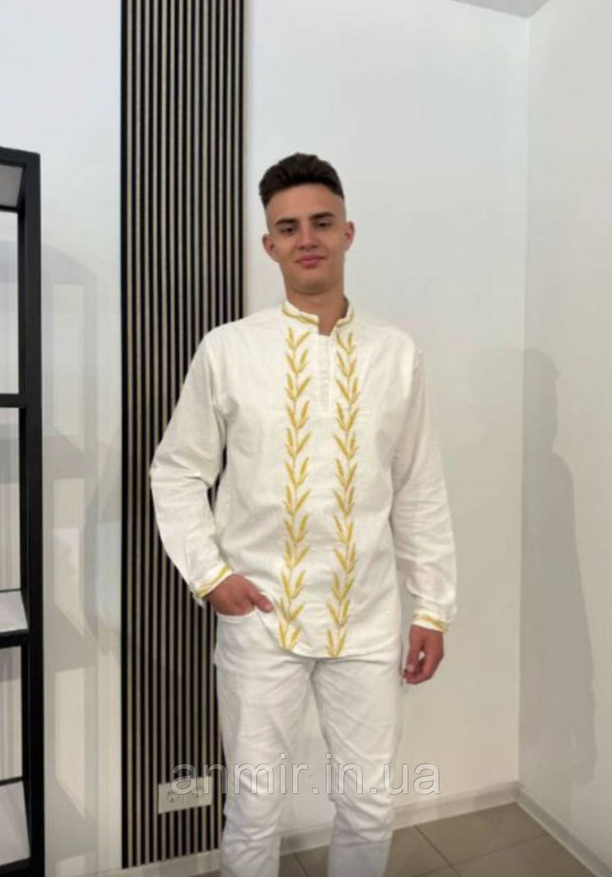 Сорочка-вишиванка чоловіча комір-стійка КоЛОСОК льон норма 44-50, білого кольору