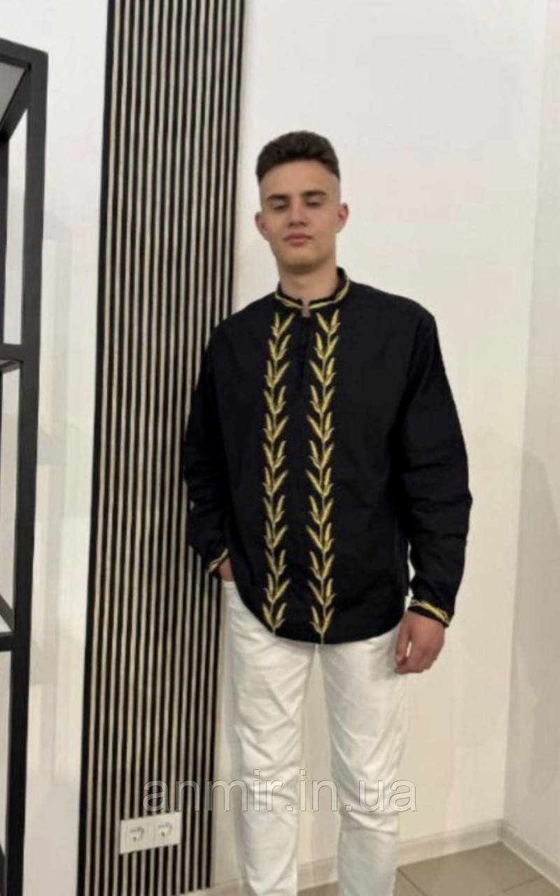 Сорочка-вишиванка чоловіча комір-стійка КОЛОСОК льон норма 44-50, чорного кольору