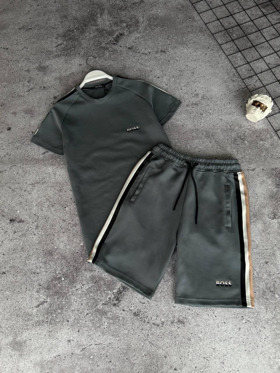 Костюм чоловічий літній сірий футболка та шорти фірмовий Hugo Boss, фото 1