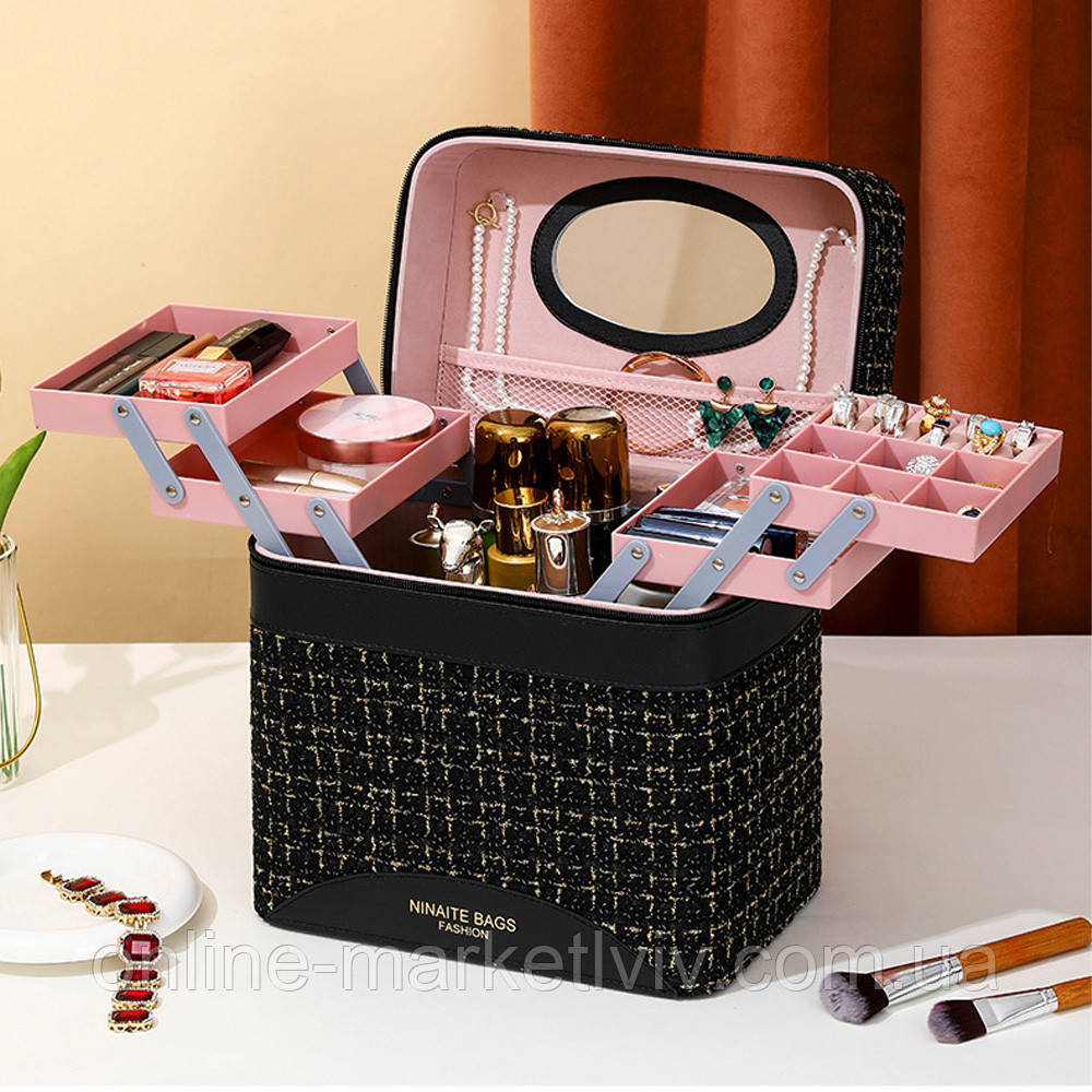 Косметичка-органайзер з дзеркалом (27х18х27см), Чорний / Дорожня косметичка / Кейс для косметики, фото 1