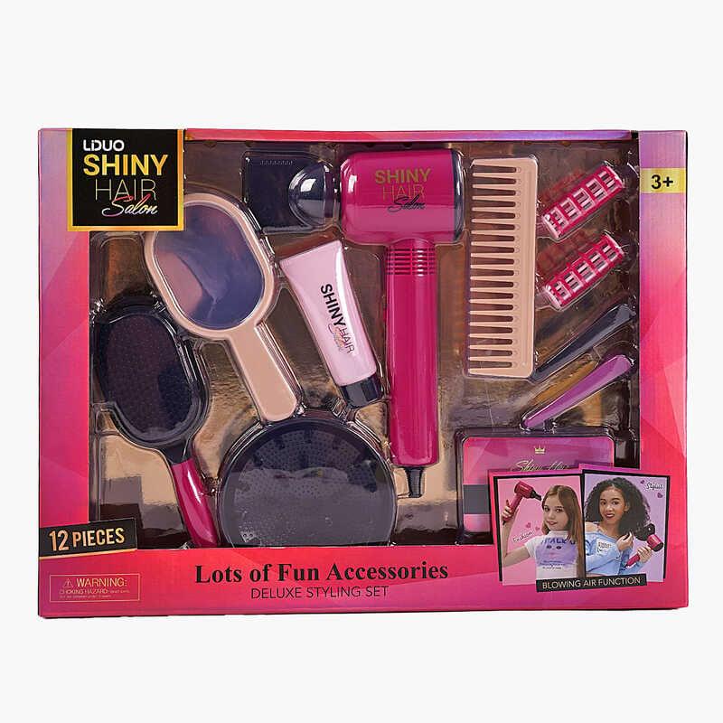 Набір перукаря 626016 (18) 12 аксесуарів, фен видуває повітря, 2 насадки, 2 шт. бігуді, 2 заколки, гребінець, щітка, люстерко, у, фото 1
