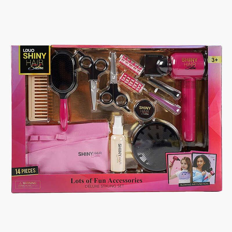 Набір перукаря 626018 (18) 14 аксесуарів, фен видуває повітря, 2 насадки, 2 бігуді, 2 заколки, гребінець, щітка, ножиці, у коробці, фото 1