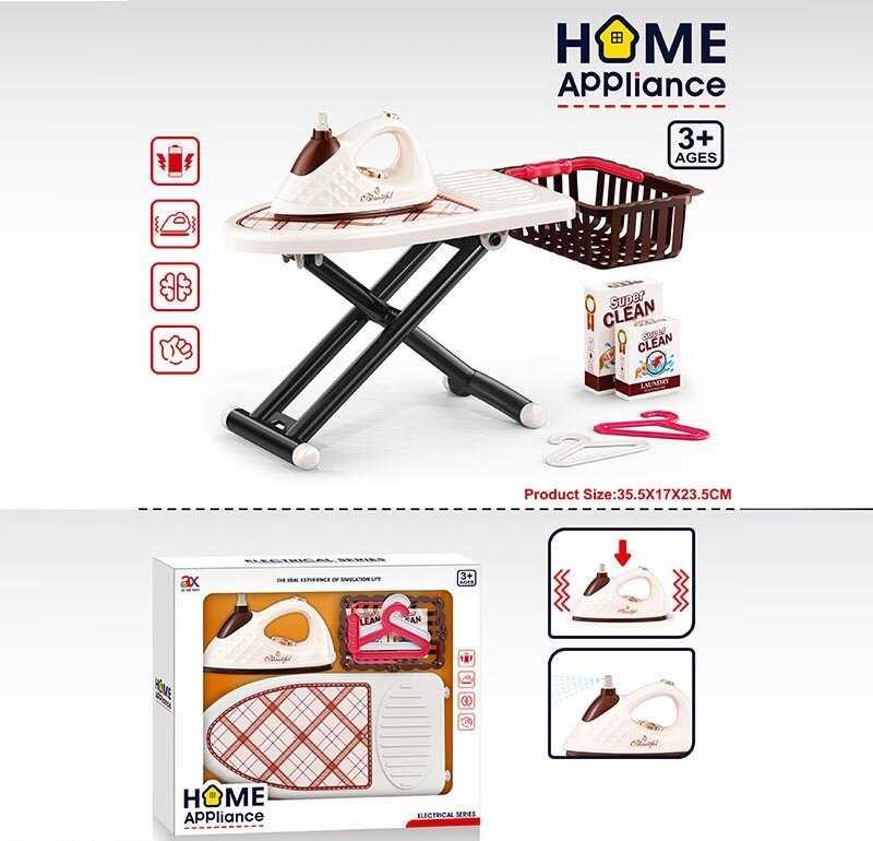 Набір для прасування 6932 A (22/2) праска на батарейках, імітація роботи праски, спрей, дошка для прасування, кошик, аксесуари, в, фото 1