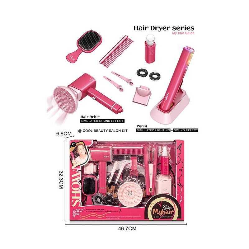 Набір перукаря 2801-3 (24/2) стайлер та фен на батарейках, звук, підсвітка, гребінець, щітка, затискачі для волосся, флакончик,, фото 1
