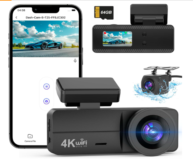 Відеореєстратор спереду та ззаду 4K з WiFi та картою пам'яті 64 ГБ, 4K+1080P, з 24-годинним моніторингом паркування
