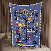 Гарний плед на ліжко і диван односпальний «Дерево життя» блакитний 130х170 см. / Покривало з візерунком в подарунок