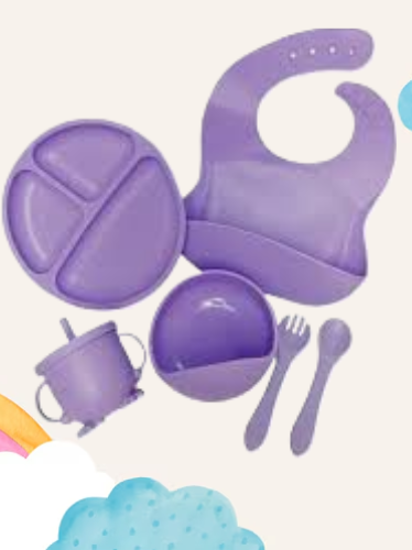 Набір дитячого силіконового посуду для першого прикорму із 6 предметів, однотонний RNSHS-6 на присосках, фото 1