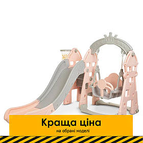 Гірка з гойдалкою Bambi HOUSE-8 та баскетбольним кільцем | Гірка з качалкою Дім Сіро-рожева