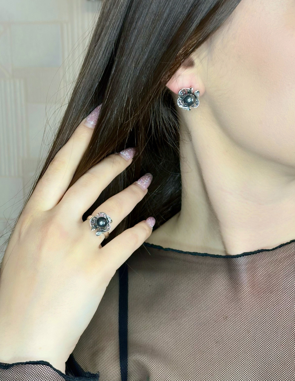 🖤 Срібний комплект прикрас з натуральним гематитом (чернений) — гармонія сили, стилю та елегантності., фото 1