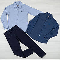 Школьная стильная повседневная синяя рубашка для мальчика 6-9л, детская серая рубашка с длинным рукавом коттон