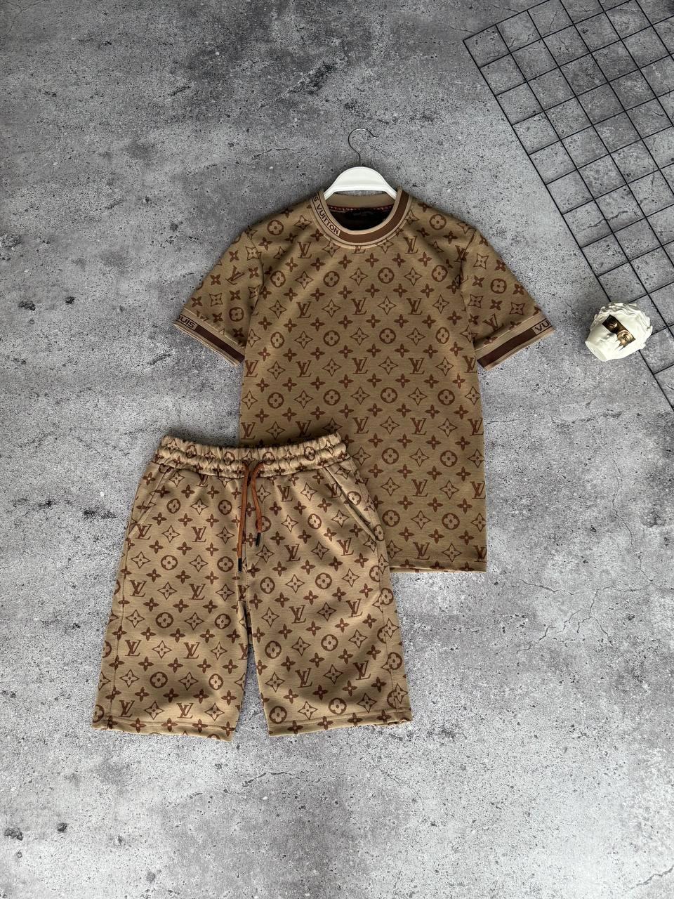 Костюм чоловічий літній коричневий футболка та шорти фірмовий Louis Vuitton, фото 1