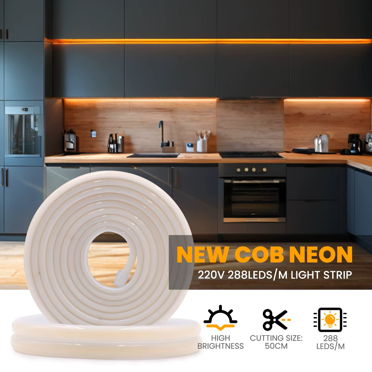 Світлодіодний неон LEDTech COB/FCOB 220v фронтального суцільного світіння. Нейтральний білий 4000К