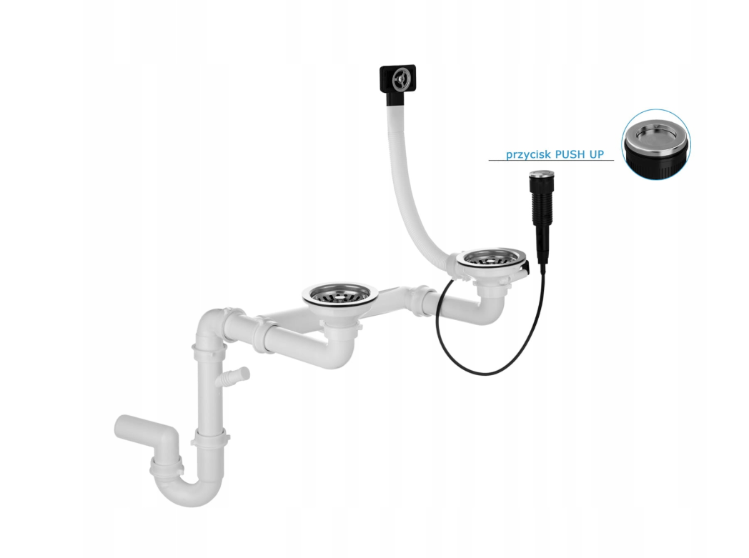 Сифон-автомат PUSH UP для подвійної мийки. Євро вентиль – автомат із переливом для кухонної мийки.