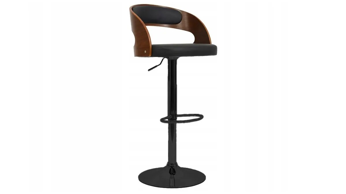 Стілець для бару шкіряний з дерев'яною спинкою MODENA Wood, механізм газліфт, поворот на 360 °, колір чорний, фото 1