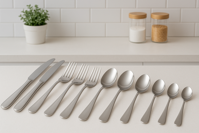 Набор столовых приборов на светлой кухне