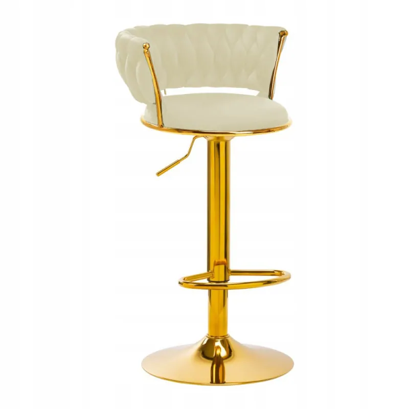 Барний круглий стілець на золотій ніжці зі спинкою IMPERIA, оксамитова обивка, механізм газліфт, колір бежевий, фото 1