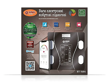 Ваги електронні побутові підлогові 180кг скляні квадратні LED екран BITEK BT-1605/ 6469 (15)