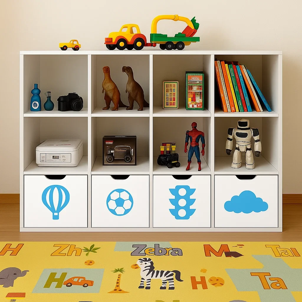 Стелаж для дитячих іграшок і книг на 12 клітинок (білий з блакитним), фото 1