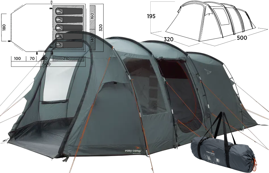 П'ятимісний намет Easy Camp Hamra 5 | Простора тунельна палатка для кемпінгу, 2 приміщення, 2 входи, 1 тамбур, встановлення 16хв