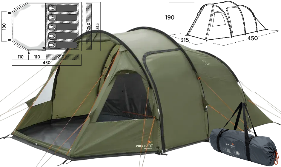 П'ятимісний намет Easy Camp Hidra 5 | Простора тунельна палатка для кемпінгу, 2 приміщення, 2 входи, 1 тамбур, встановлення 17хв