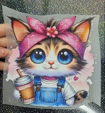 Термоналіпка на одяг "Котик з рожевим бантом", фото 1