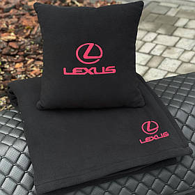 Подушка та плед в автомобіль з логотипом Lexus чорний, флісовий набір