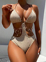 Жіночий суцільний купальник із ланцюжками та кільцем красивий сексуальний жатка, бежевий, розмір XS/S, M/L