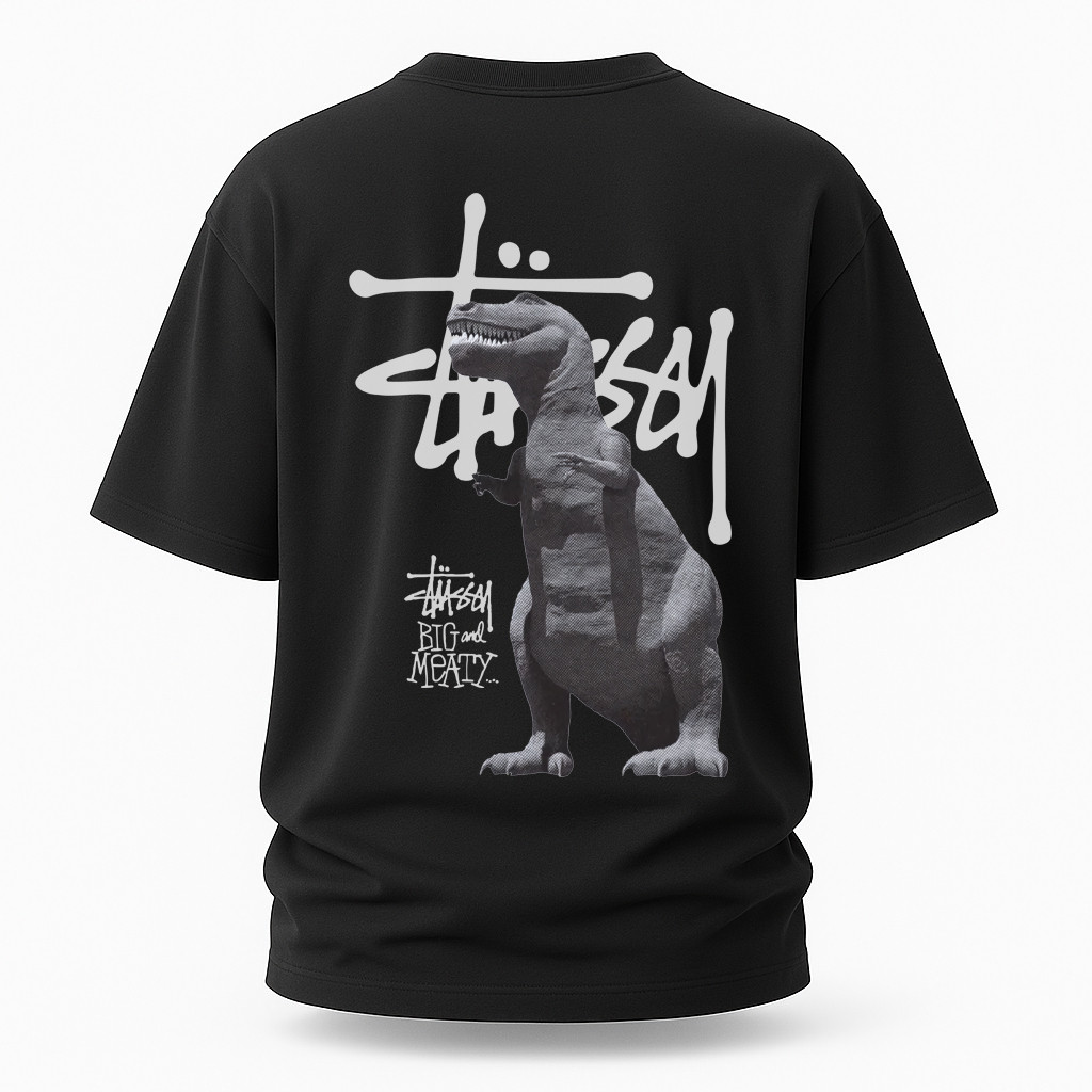 Футболка чоловіча оверсайз Stussy BIG and MEATY — чорна, унісекс, з принтом динозавра, фото 1