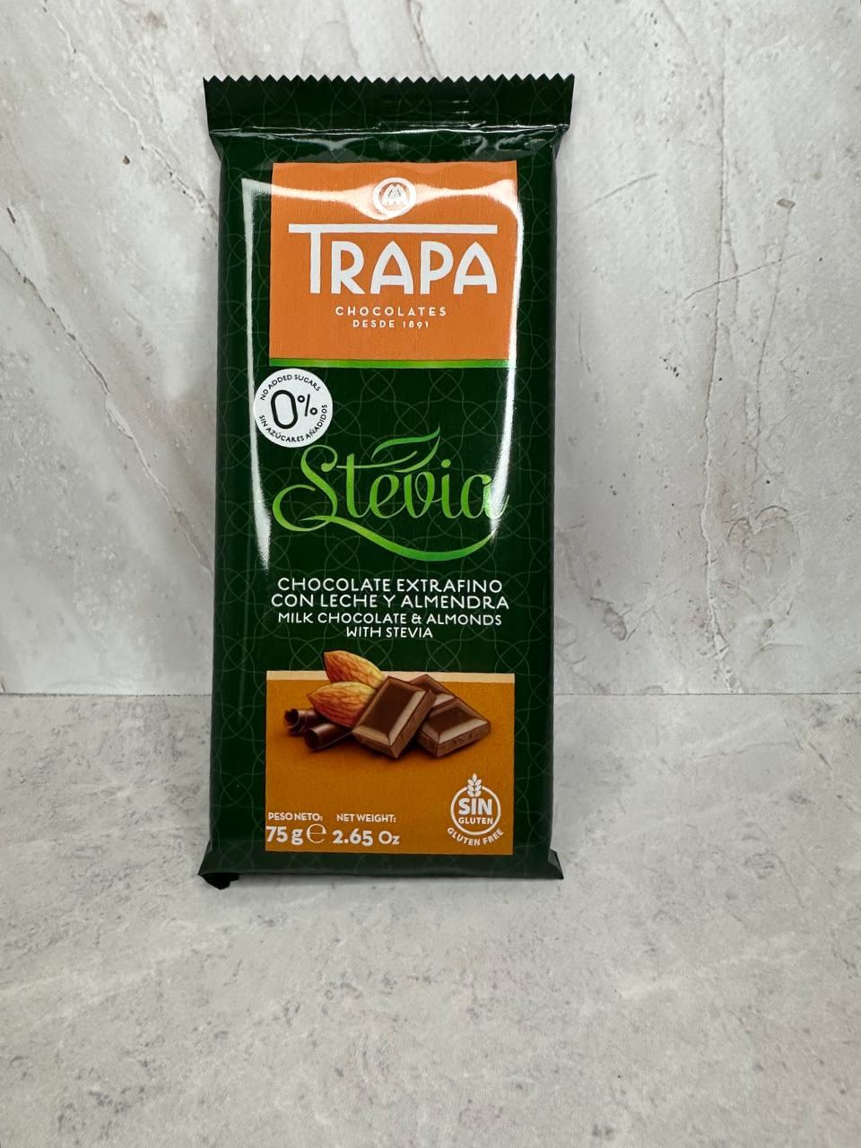 Молочний шоколад без цукру з мигдалем Trapa Stevia, 75 г