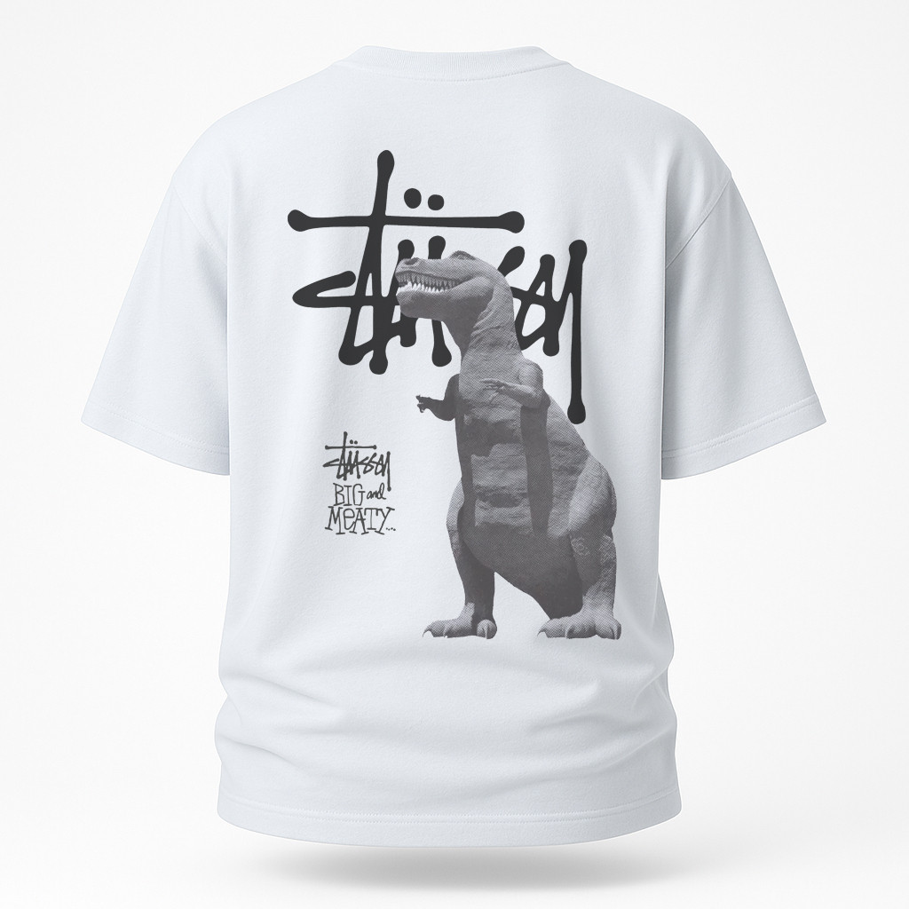 Футболка чоловіча оверсайз Stussy BIG and MEATY — біла, унісекс, з принтом динозавра, y2k, фото 1