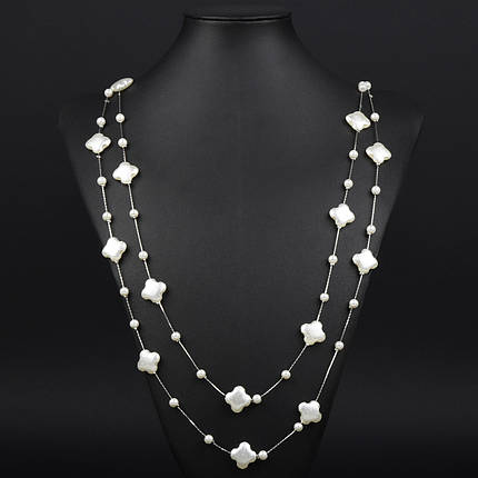 Кольє довге на металевій сріблястій нитки брендове з намистинами матове застібка карабін довжина 170 см, фото 1