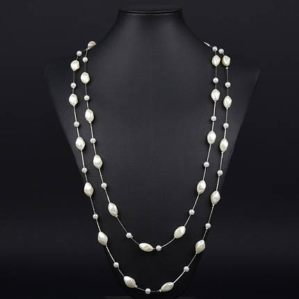 Кольє довге на металевій сріблястій нитки з крученими намистинами застібка карабін довжина 170 см, фото 1