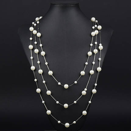 Кольє довге на металевій сріблястій нитки з матовими намистинами застібка карабін довжина 170 см, фото 1