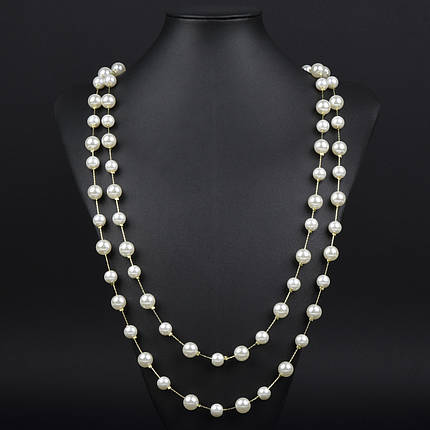 Кольє довге на металевому лимонному ланцюжку з білими глянсовими намистинами без застібки довжина 170 см, фото 1