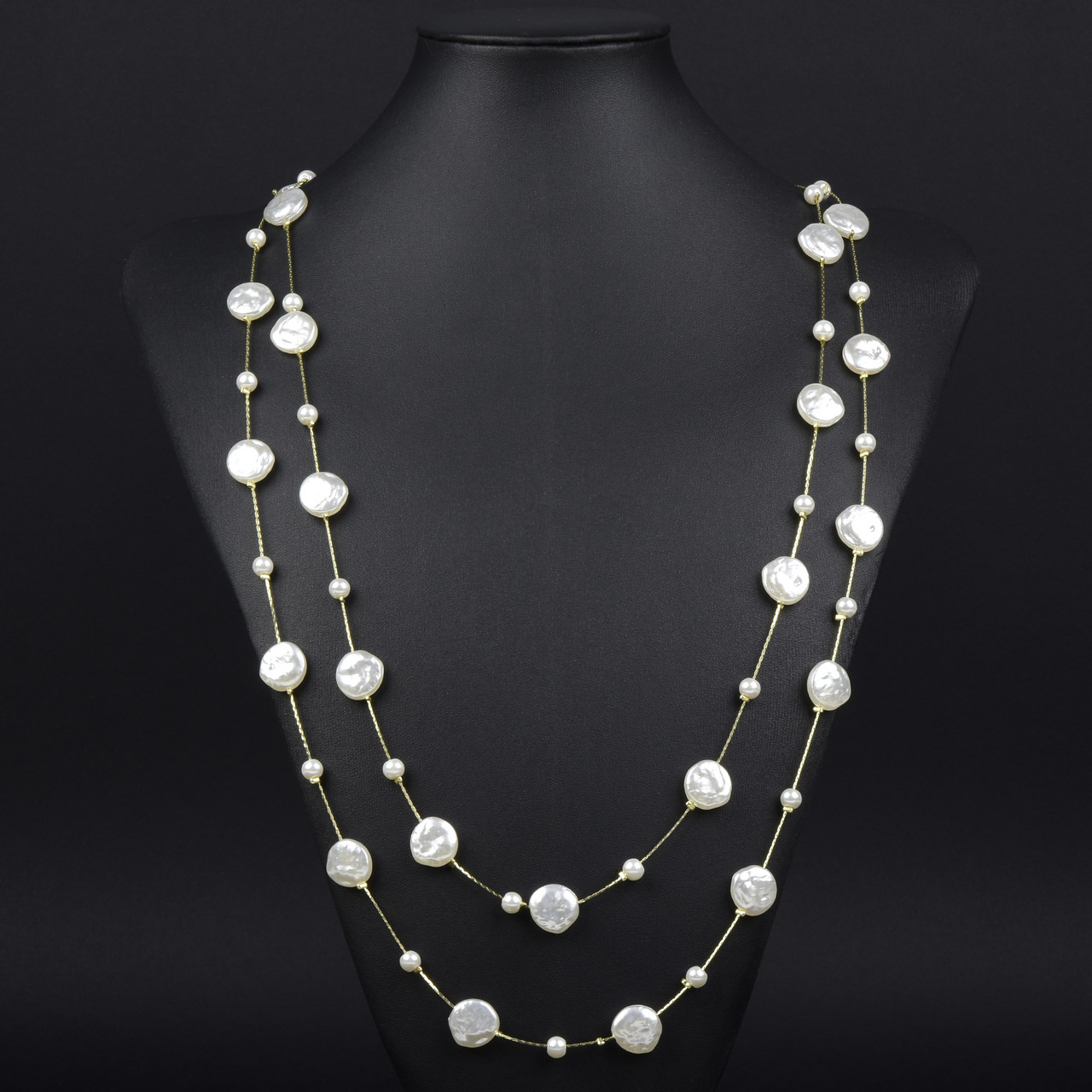 Кольє довге на металевій лимонній нитці з білими глянсовими намистинами застібка карабін довжина 170 см