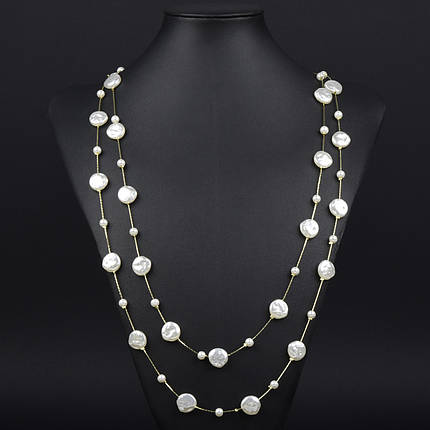 Кольє довге на металевій лимонній нитці з білими глянсовими намистинами застібка карабін довжина 170 см, фото 1