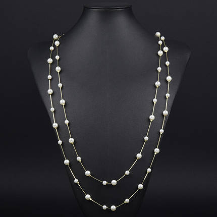 Кольє довге на металевій лимонній нитці з білими дрібними намистинами застібка карабін довжина 170 см, фото 1