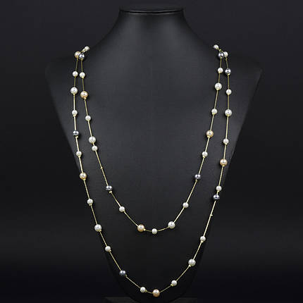 Кольє довге на металевій лимонній нитці з різнобарвними дрібними намистинами застібка карабін довжина 170 см, фото 1