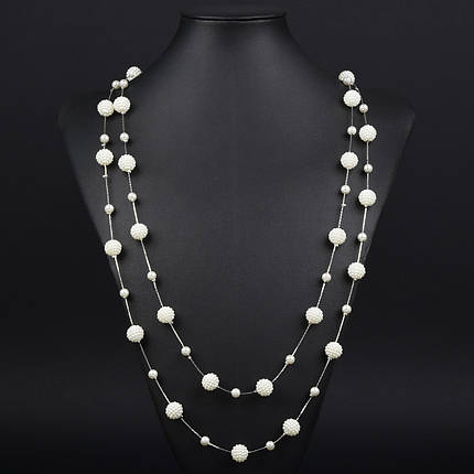 Кольє довге на металевій сріблястій нитки з кульками з дрібних намистин застібка карабін довжина 170 см, фото 1