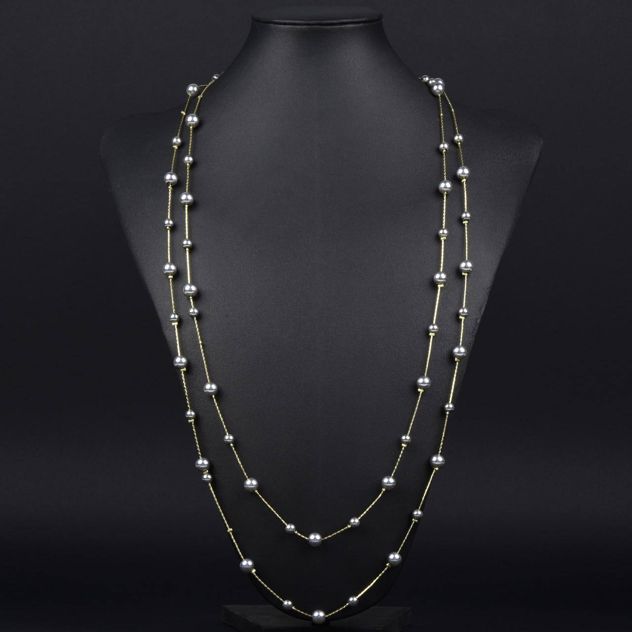 Кольє довге на металевій лимонній нитці із сірими дрібними намистинами застібка карабін довжина 170 см