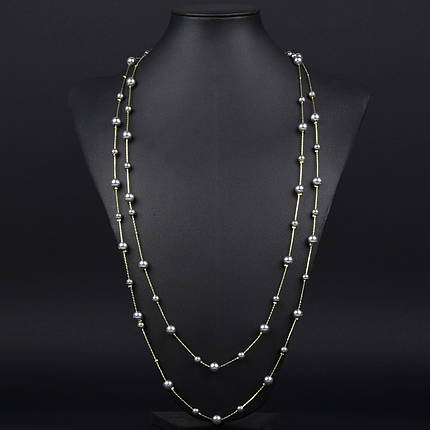 Кольє довге на металевій лимонній нитці із сірими дрібними намистинами застібка карабін довжина 170 см, фото 1