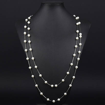 Кольє довге на металевій сріблястій нитки з білими середніми намистинами застібка карабін довжина 170 см, фото 1