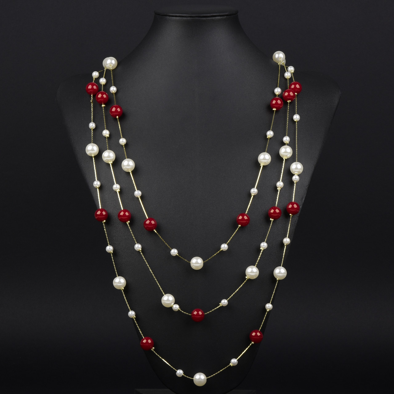 Кольє довге на металевій лимонній нитці з червоними та білими намистинами без застібки довжина 90 см