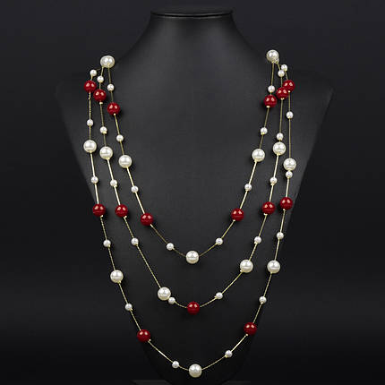 Кольє довге на металевій лимонній нитці з червоними та білими намистинами без застібки довжина 90 см, фото 1