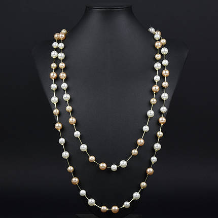 Кольє довге на металевій лимонній нитці з білими та кремовими намистинами без застібки довжина 170 см, фото 1