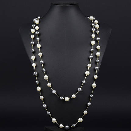 Кольє довге на металевій лимонній нитці з білими та сірими намистинами без застібки довжина 170 см, фото 1