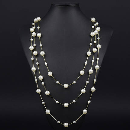 Кольє довге на металевому лимонному ланцюжку тришарове з білими намистинами без застібки довжина 90 см, фото 1