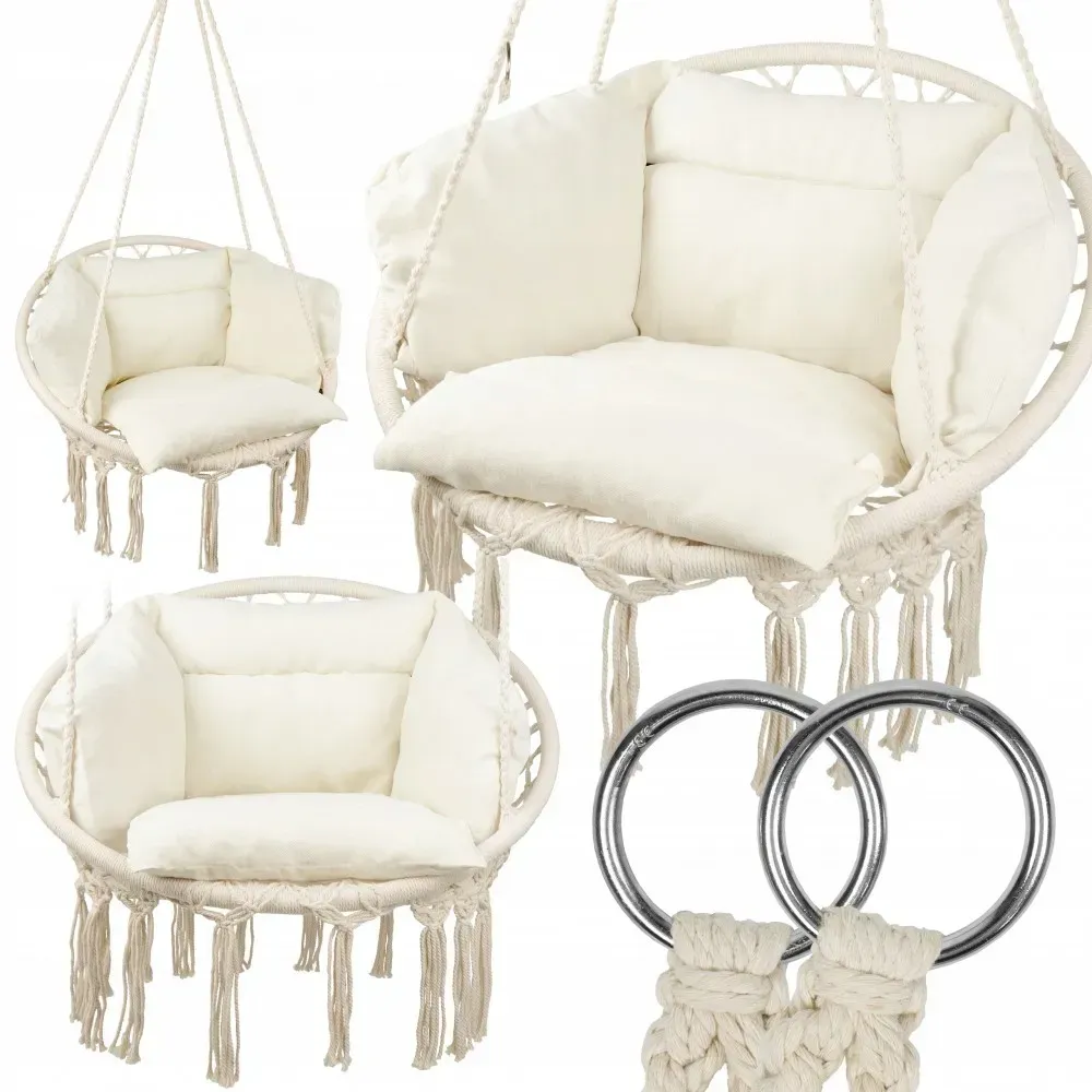 Підвісне бразильське крісло-гамак для балкона Бонро B-092-3 бежевий 120 кг + велика подушка, фото 1