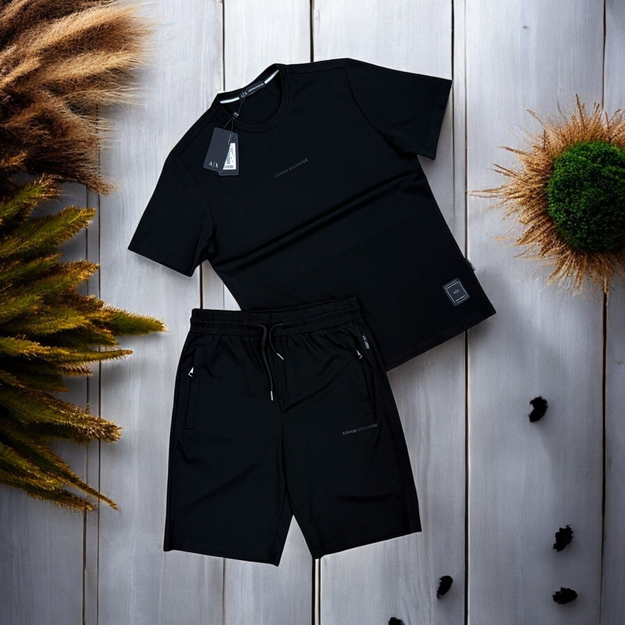 Літній чоловічий костюм Armani Exchange шорти та футболка, брендовий спортивний костюм Армані на літо чорний